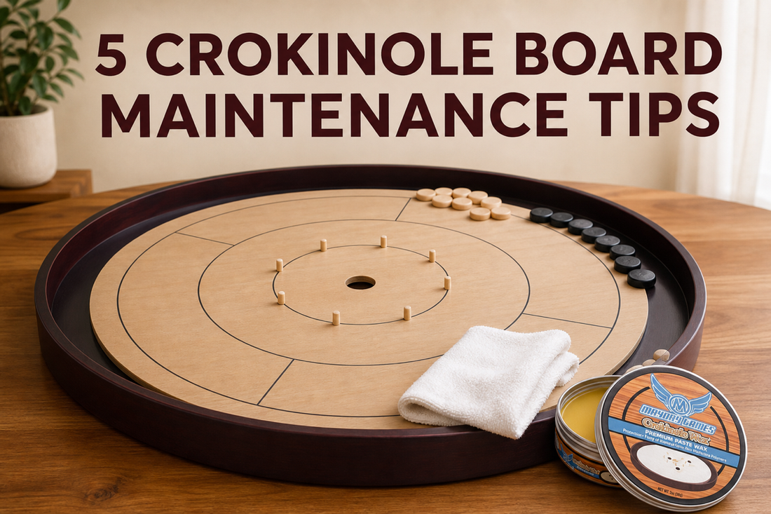 Mayday Games Crokinole board maintenance with microfiber cloth and Crokinole wax