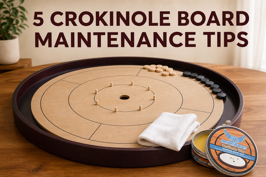 Mayday Games Crokinole board maintenance with microfiber cloth and Crokinole wax