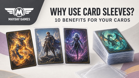Board game and trading cards protected with Mayday Games card sleeves