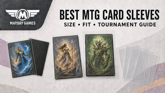 MTG-size cards shown with clear and opaque Mayday Games card sleeves