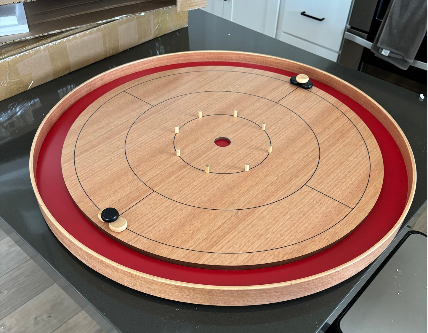 Mahogany ELITE Edition Crokinole Board (2024) Red Ditch +Carrying Case