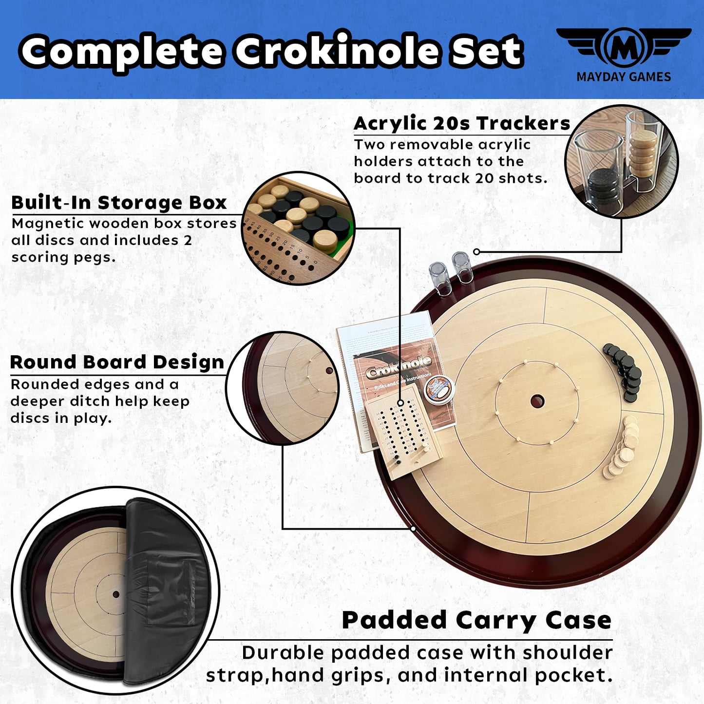 Beech Tournament Edition Crokinole Board + Black Carrying Case