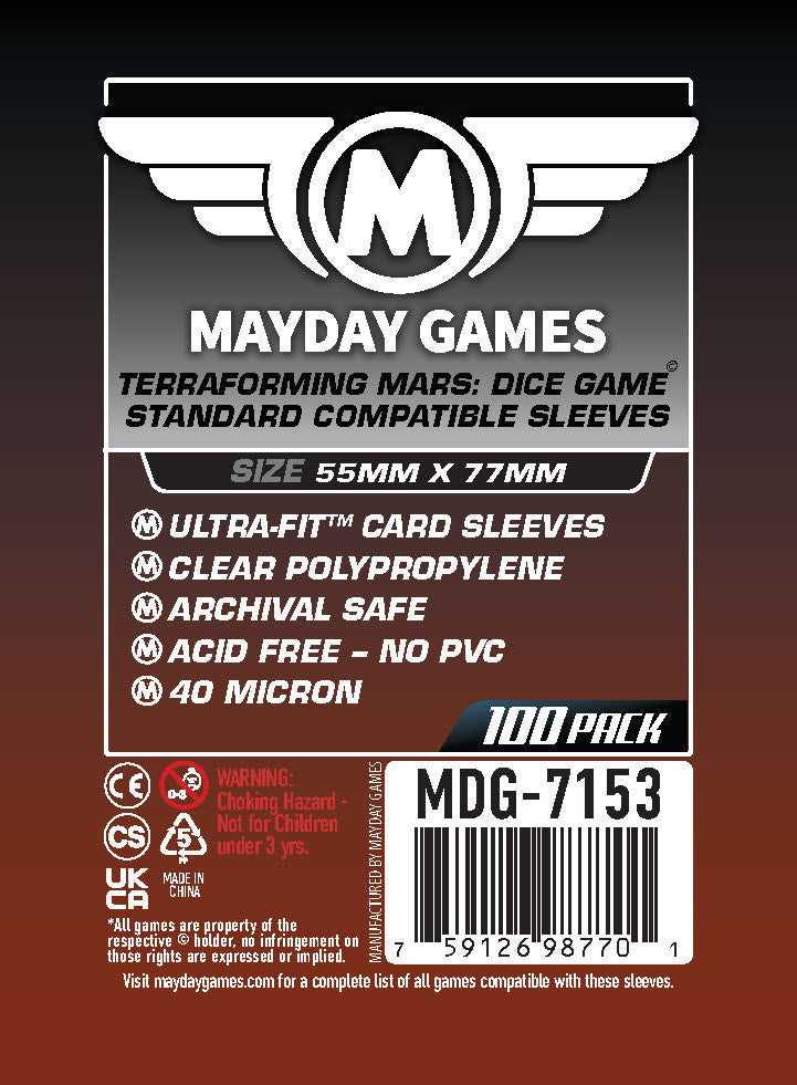 Terraforming Mars: Dice Game" Compatible Sleeves (55x77mm) Mayday Games Terraforming Mars: Dice Game" Compatible Sleeves (55x77mm) Mayday Games