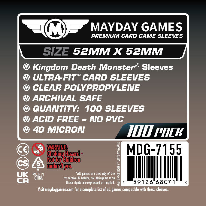 "Kingdom Death Monster" Compatible Card Sleeves (52x52mm) Standard 7155 or Premium 7160 - Standard (100 sleeves per pack) "Kingdom Death Monster" Compatible Card Sleeves (52x52mm) Standard 7155 or Premium 7160 - Standard (100 sleeves per pack)